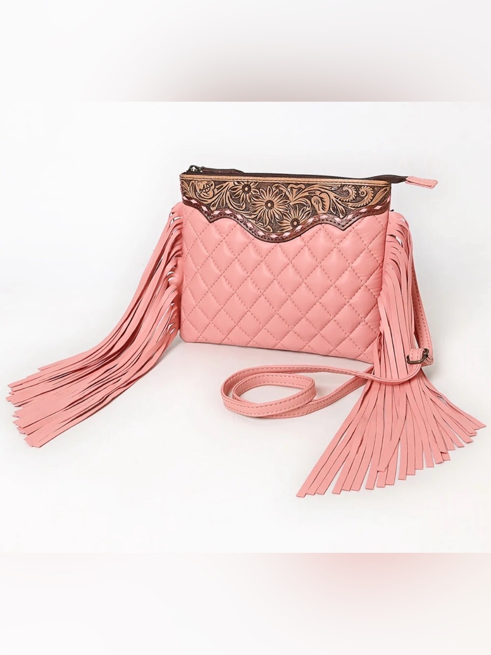Western Bag Quilted Pink Fringe Crossbody Bag with Floral Trim